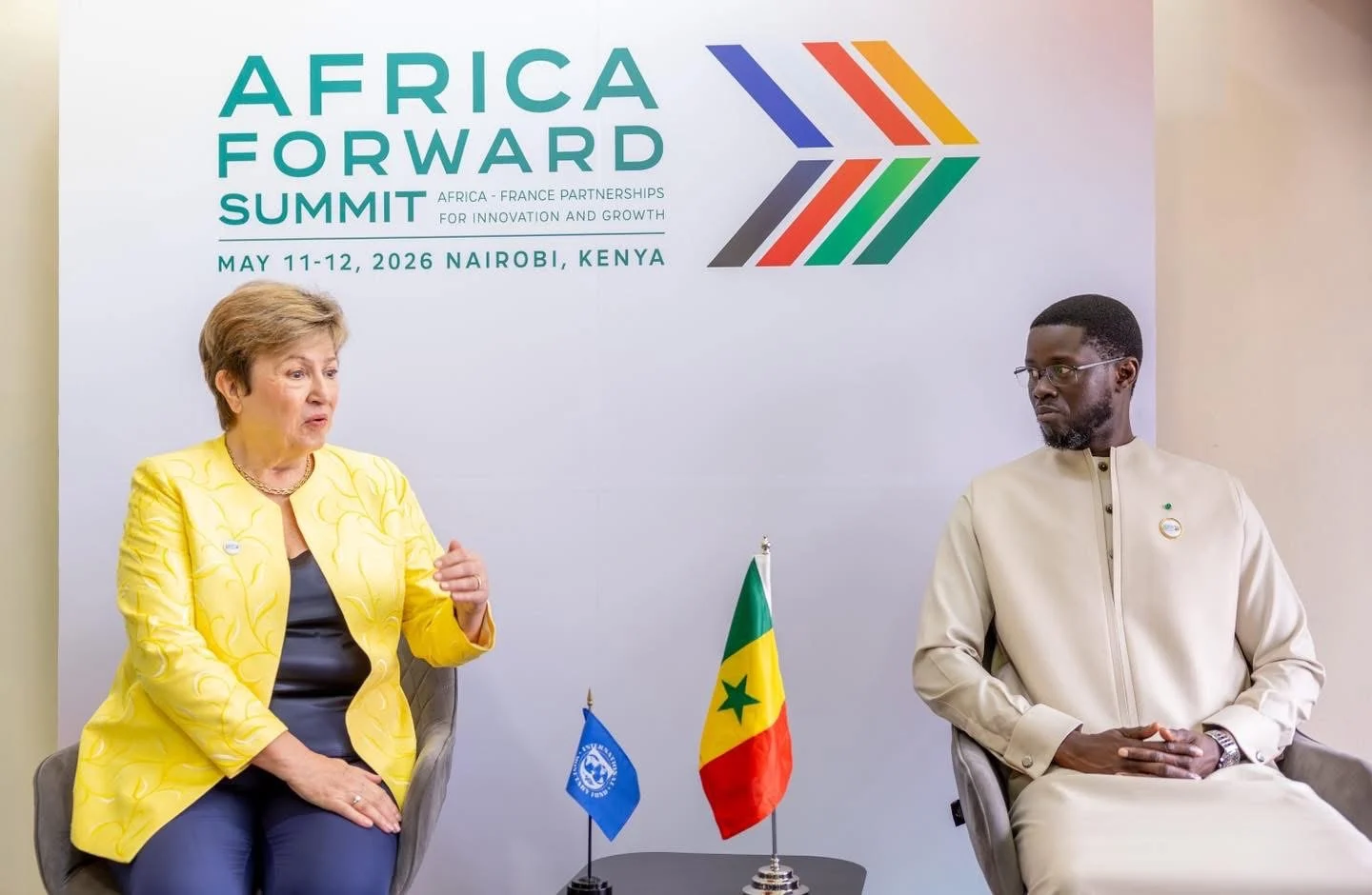Kristalina Georgieva and Bassirou Diomaye Faye discussing Senegal's economic reforms and debt