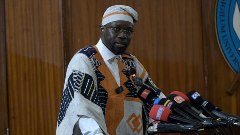 Senegalese Prime Minister Ousmane Sonko speaking at a conference at Cheikh Anta Diop University in Dakar on May 16, 2024