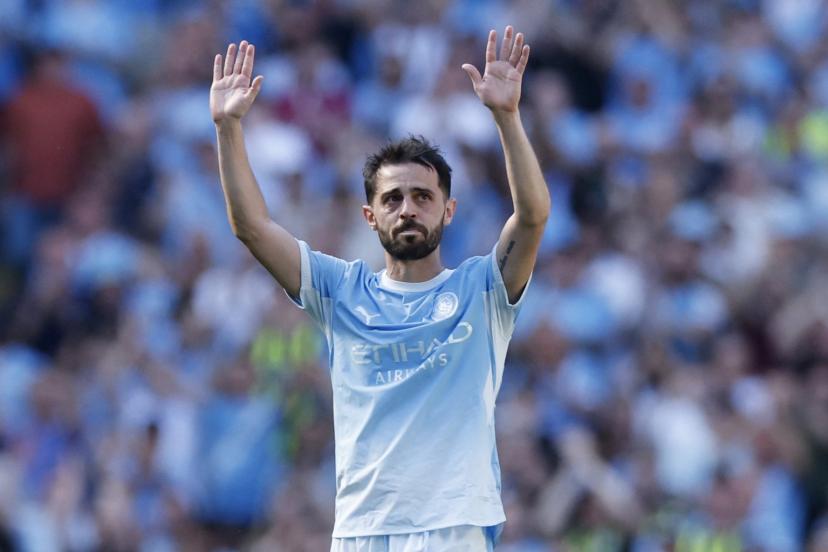 Bernardo Silva waves to the Etihad Stadium crowd during his emotional farewell