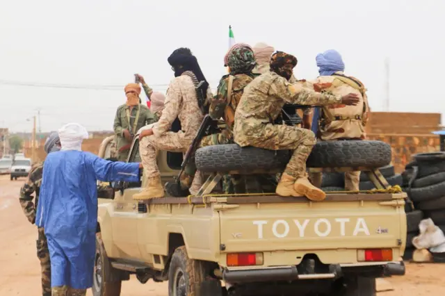 Fighters from the Coordination of Azawad Movements (CMA) patrol the city during the Congress for the merger of movements in Kidal on August 28, 2022.