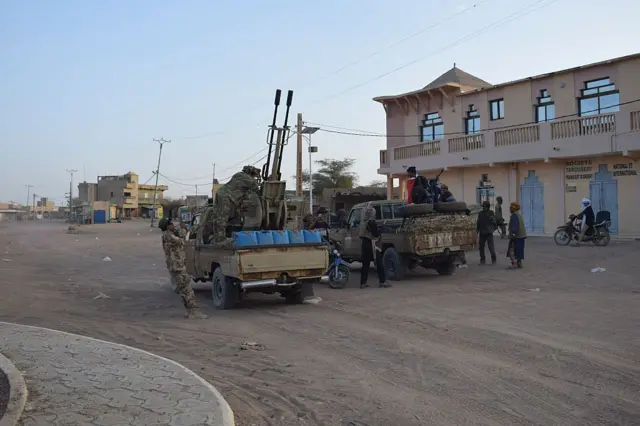 Tuareg rebels from the Azawad Liberation Front (FLA) travel in pickup trucks in Kidal on April 26, 2026.