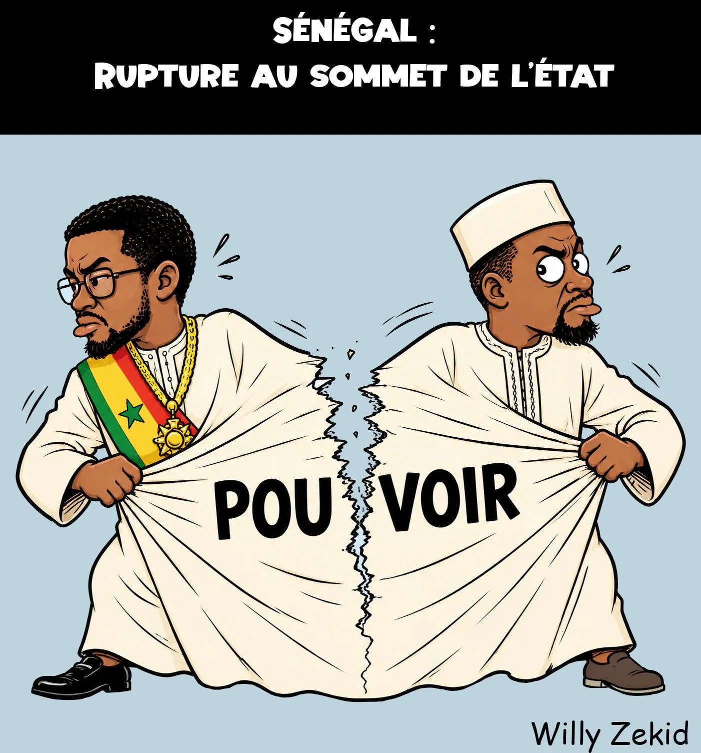 Political cartoon depicting Ousmane Sonko and Bassirou Diomaye Faye tearing apart a garment labeled 'power' as they move in opposite directions