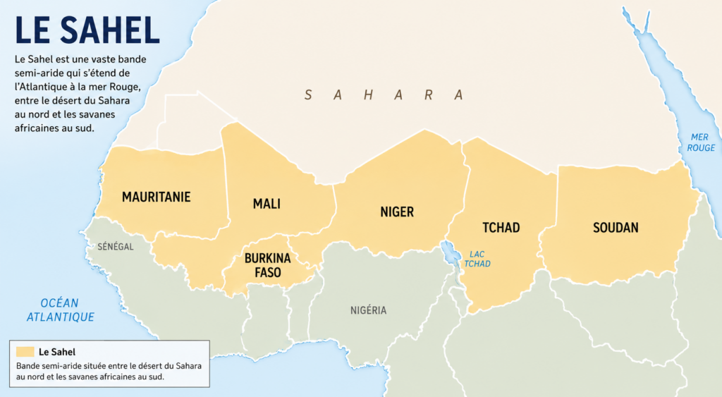 Map of Sahel region highlighting humanitarian crisis zones