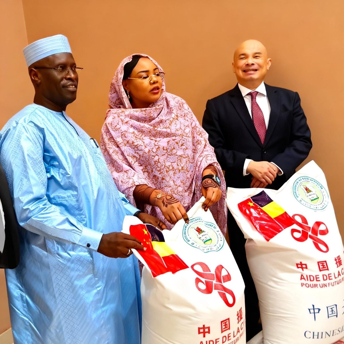 Chadian officials inspect rice donation at Chagoua FDAR warehouse