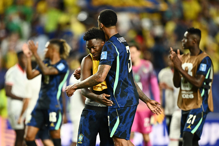 Brazil players celebrating a goal against Haiti