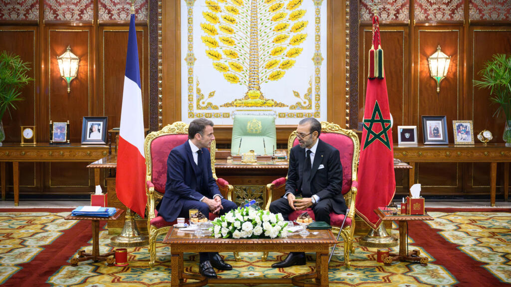 French President Emmanuel Macron greeted by Morocco's King Mohammed VI in Rabat on October 28, 2024.
