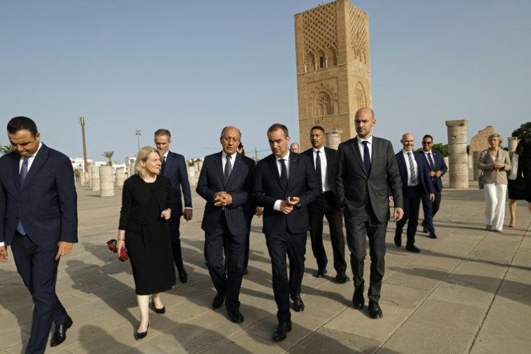 French Prime Minister Sébastien Lecornu (center) arriving at the Royal Mausoleum in Rabat with his delegation, Morocco, July 16, 2026