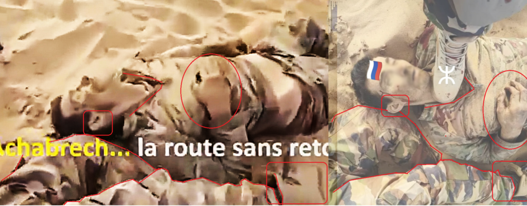 Analysis of body positioning, hand placement, and facial features confirms the scene was extracted from misleading imagery.