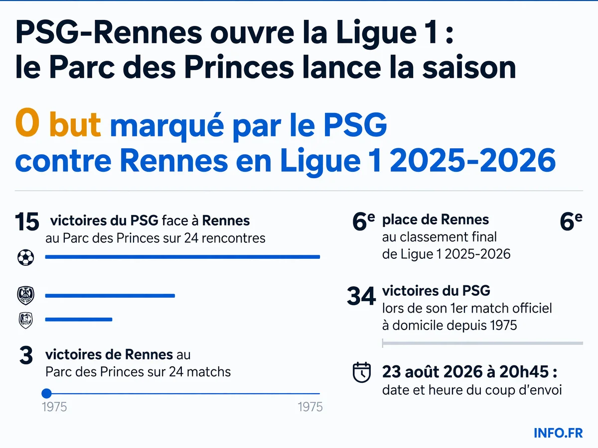 Statistics of the PSG-Rennes confrontation and PSG's season opener at Parc des Princes for the 2026-2027 Ligue 1 kickoff.