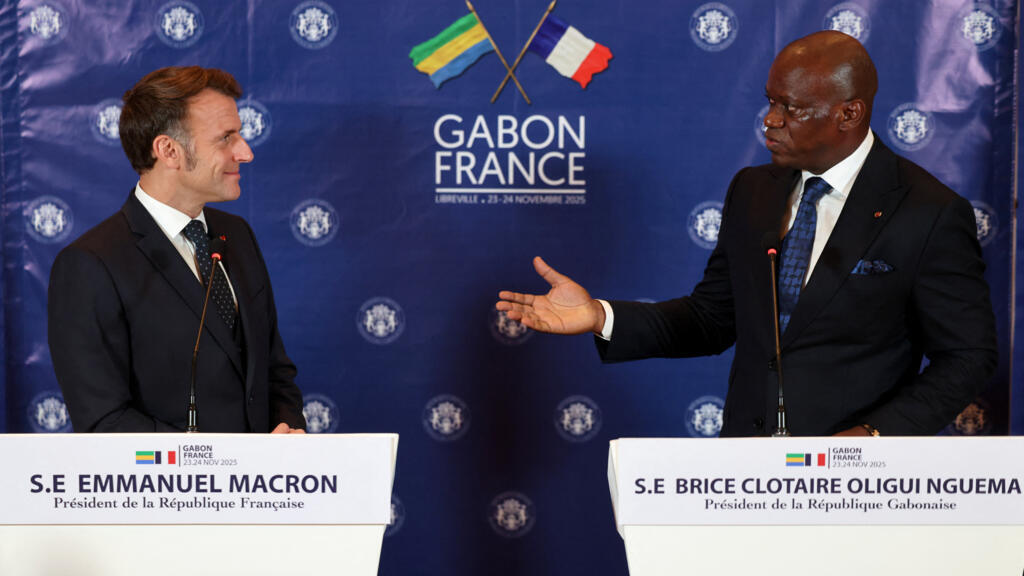 French President Emmanuel Macron and Gabonese President Brice Oligui Nguema during a joint press conference in Libreville on November 23, 2025.