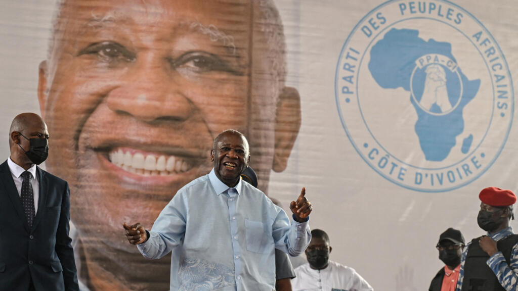 Former Ivorian president Laurent Gbagbo, center, addressing the closing ceremony of his party's first congress in Abidjan on May 15, 2026.